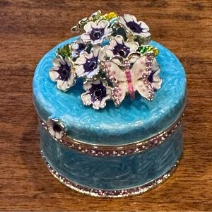 Round Enamel Trinket Hinged Box Blue Flower Butterfly Austrian Crystals 2”